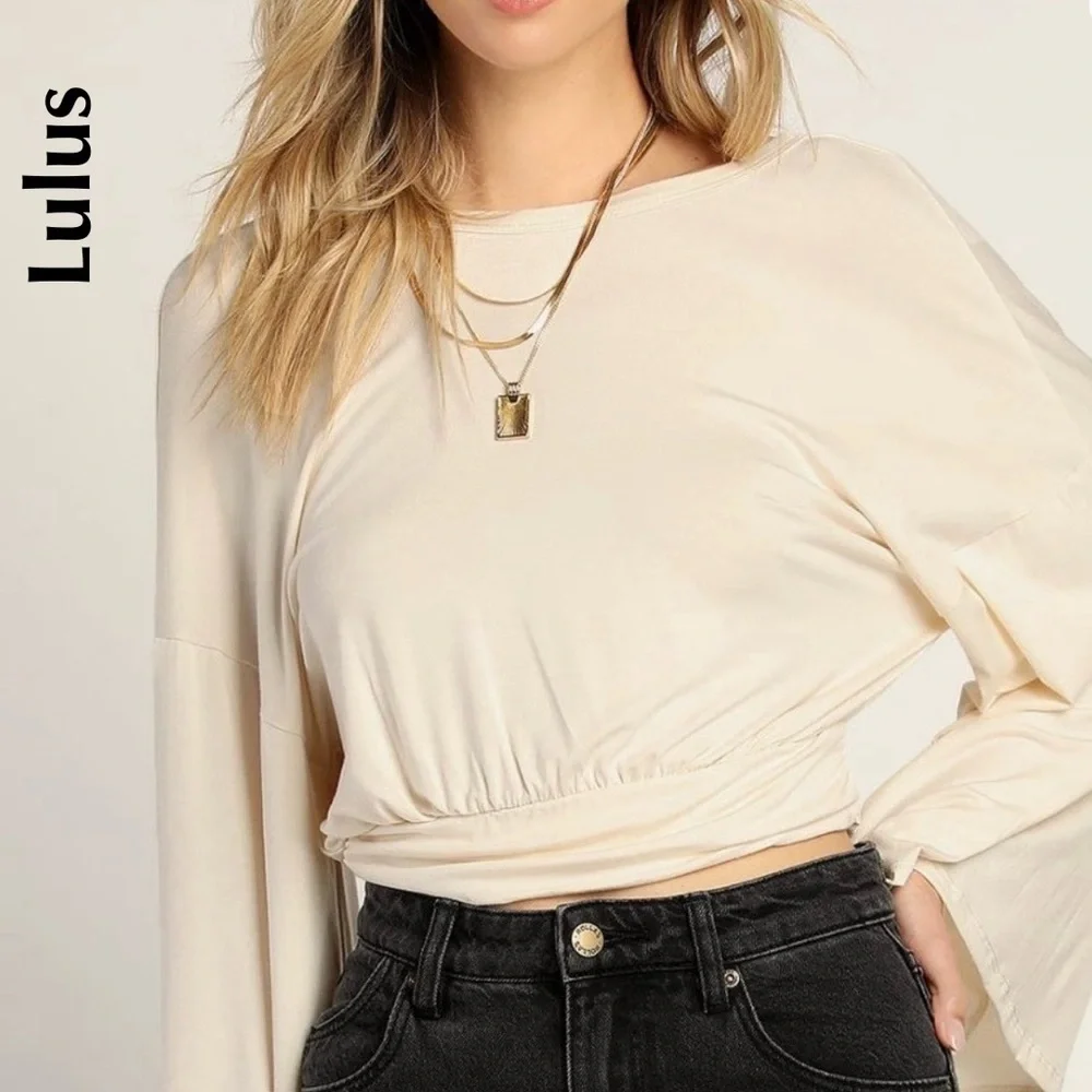 Lulus Reversible Wrap Long Sleeve Top Size M Cream/Beige - Picture 2 of 9